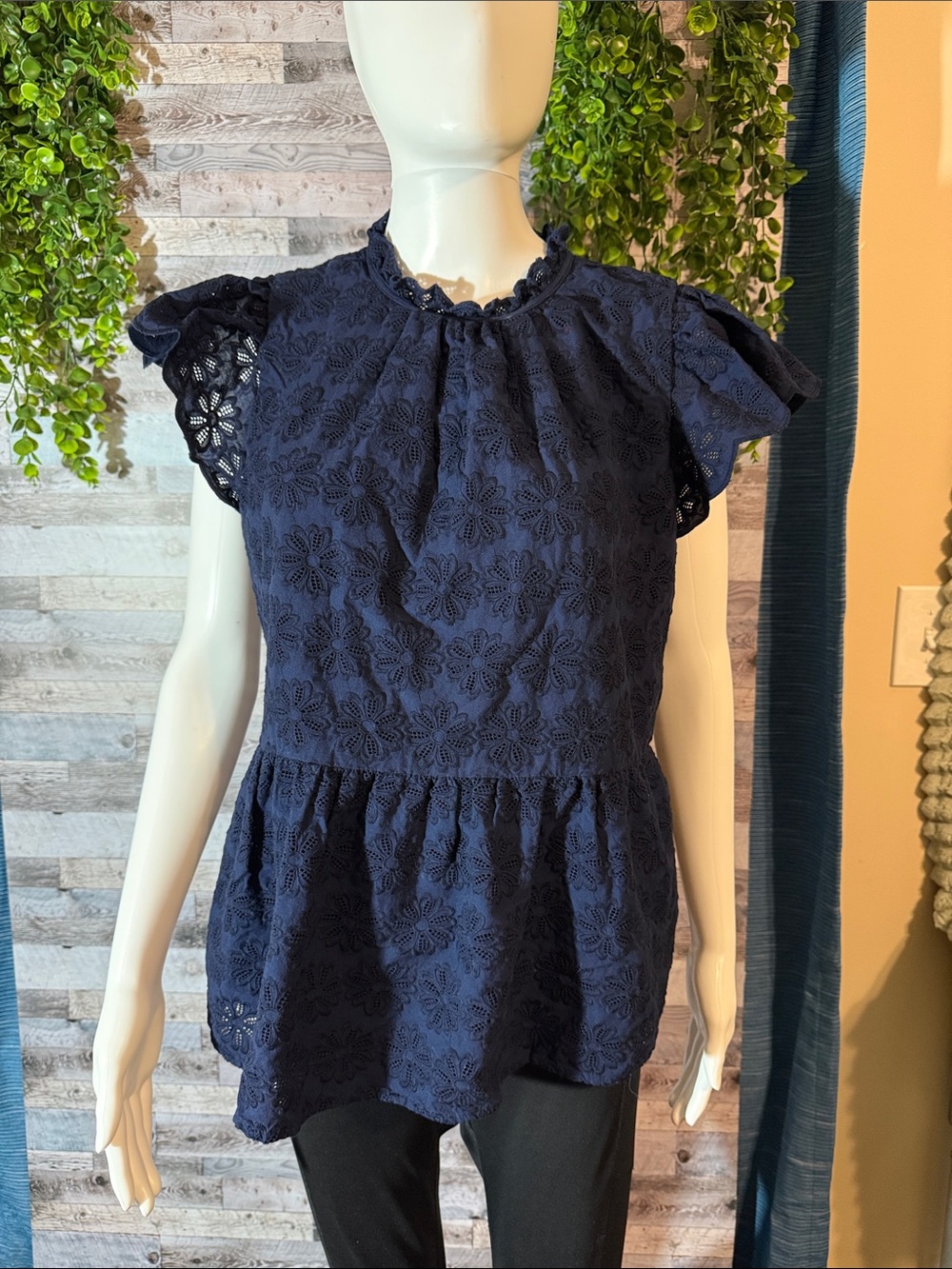 crown & ivy Navy Floral Eyelet Peplum Blouse